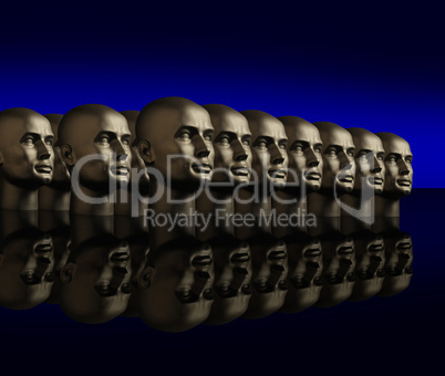Metallic heads lined up on a reflec