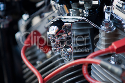 Chrome skull on motorbike engine