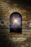 Magical vortex in a stone arch door