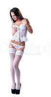Young woman stand in sexy white denim
