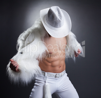striptease dancer undress white fur cowboy costume