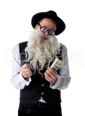 Funny old Jew with banknotes isolated