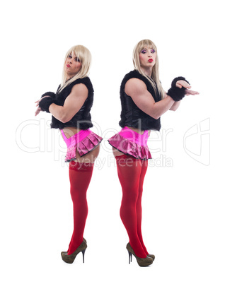 Two transvestites posing in white go-go wigs