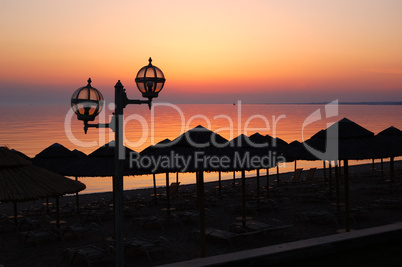 Sunset at beach of the luxury hotel, Halkidiki, Greece