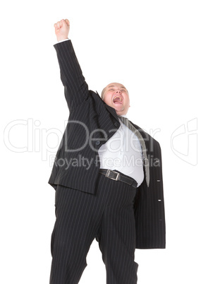 Very overweight cheerful businessman, on white background