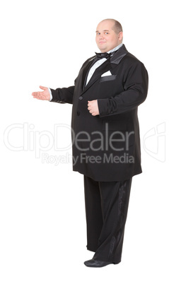 Elegant fat man in a bow tie pointing