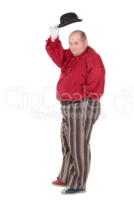 Obese man in a red costume and bowler hat