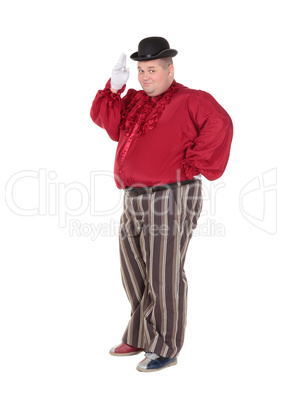 Obese man in a red costume and bowler hat