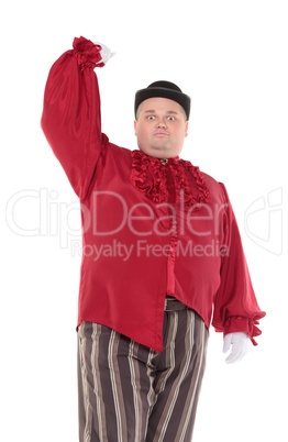 Obese man in a red costume and bowler hat