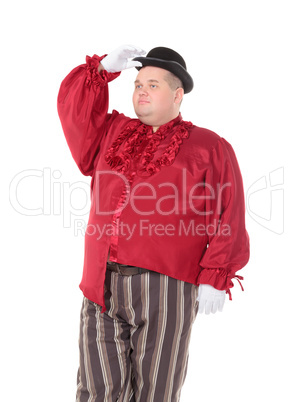 Obese man in a red costume and bowler hat