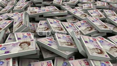 Pile of 20 pound currency stacks (loop)
