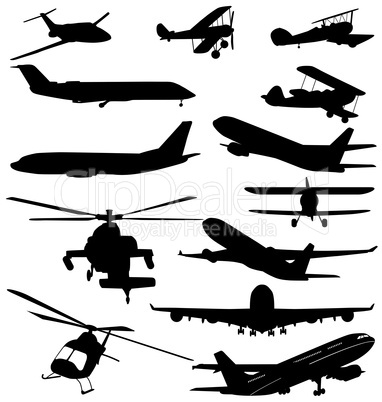 planes and helicopters silhouettes set