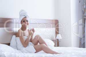 Beautiful woman drink coffee in morning bedroom