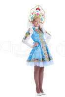 Beauty girl in blue russian costume isolated