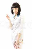 portrait beautiful nurse in white robe