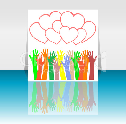 flyer or cover design with happy collaborating hands and hearts set