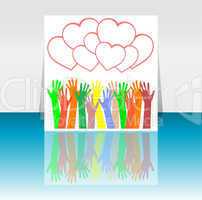 flyer or cover design with happy collaborating hands and hearts set