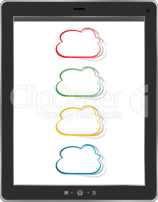 Tablet PC with cloud of application icons isolated on white background