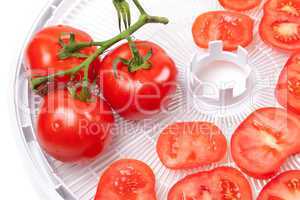 Fresh tomato on food dehydrator tray
