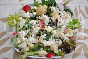 Salat mit Blumenkohl, Radieschen und Feta