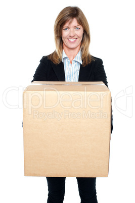 Business lady holding packed carton