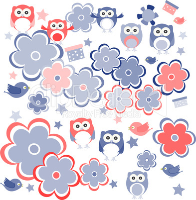retro flowers and owl kids illustration background pattern