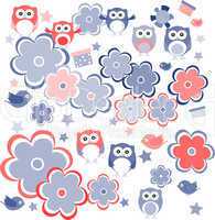 retro flowers and owl kids illustration background pattern