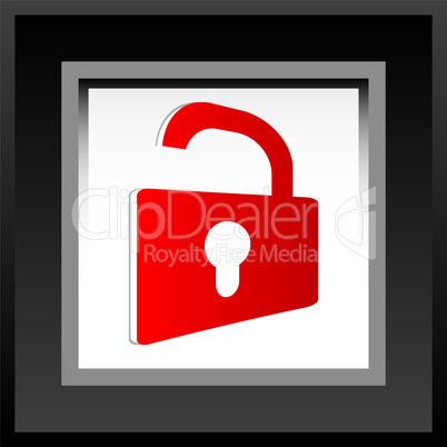 Web security icon shield with red padlock - unlocked