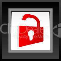 Web security icon shield with red padlock - unlocked
