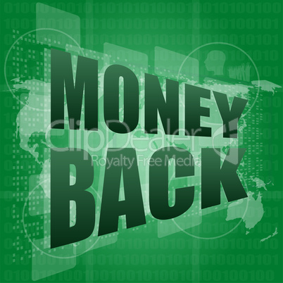 words money back on digital screen, business concept