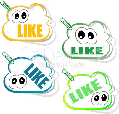 Set social media sticker with like icon and eyes, isolated on white