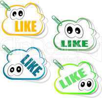 Set social media sticker with like icon and eyes, isolated on white