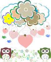 owls, birds, flowers, cloud and love heart