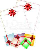 Holiday background card with red gift bow with gift boxes