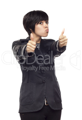 Happy Young Mixed Race Woman With Thumbs Up on White