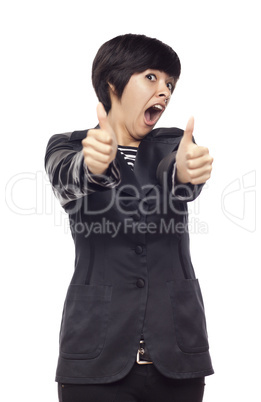 Happy Young Mixed Race Woman With Thumbs Up on White