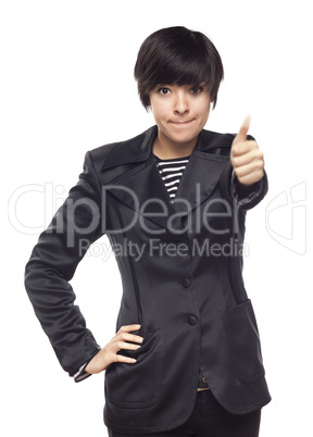 Happy Young Mixed Race Woman With Thumbs Up on White