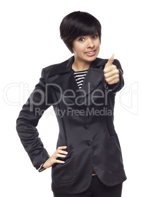 Happy Young Mixed Race Woman With Thumbs Up on White