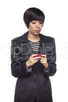 Expressive Mixed Race Woman with Cell Phone on White