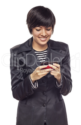 Expressive Mixed Race Woman with Cell Phone on White