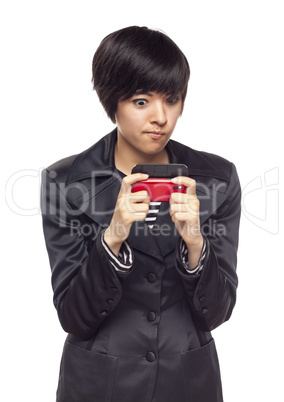 Expressive Mixed Race Woman with Cell Phone on White