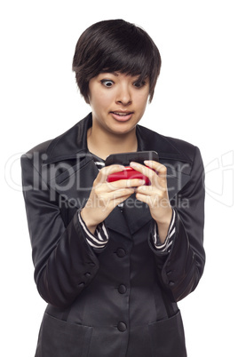 Expressive Mixed Race Woman with Cell Phone on White