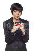 Expressive Mixed Race Woman with Cell Phone on White