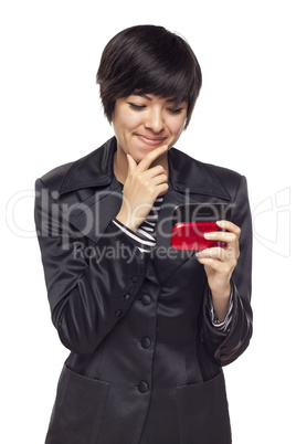 Expressive Mixed Race Woman with Cell Phone on White