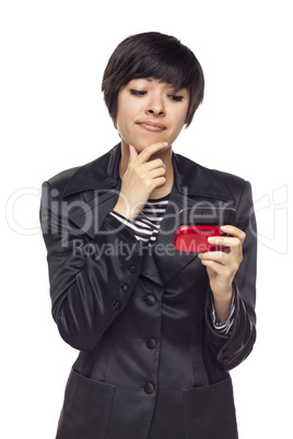 Expressive Mixed Race Woman with Cell Phone on White