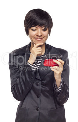 Expressive Mixed Race Woman with Cell Phone on White