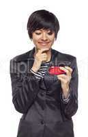 Expressive Mixed Race Woman with Cell Phone on White