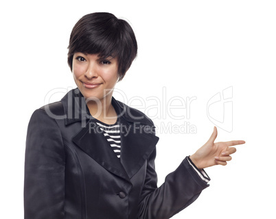 Young Mixed Race Woman Pointing to Side on White