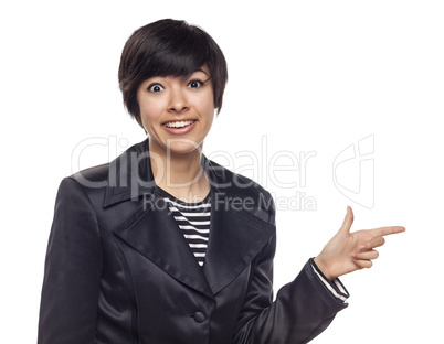 Young Mixed Race Woman Pointing to Side on White