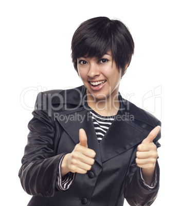 Happy Young Mixed Race Woman With Thumbs Up on White